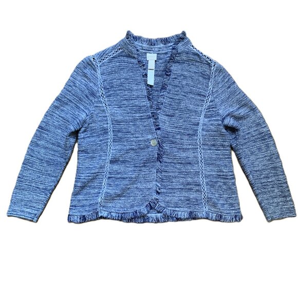 Chico’s Blue & White Fringe-Trim Woven Jacket – Size 2 - Picture 3 of 10